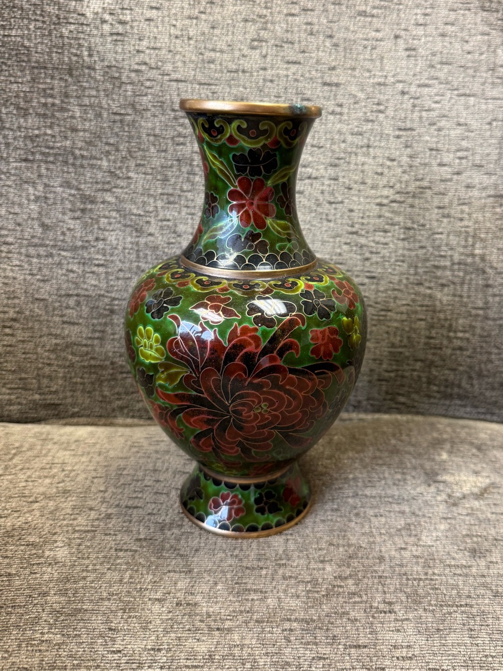 Vintage Rich Green and Red Floral Cloisonné Vase.
